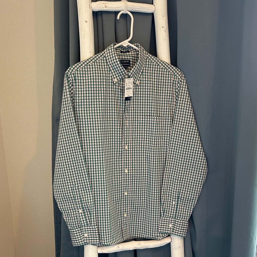 J. Crew Men's Green and White Checkered Shirt